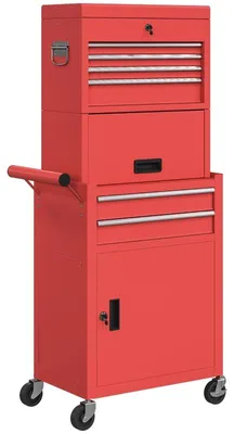 Produktbild von Moonbite Rollbarer Werkzeugschrank mit Lochwand, 3-in-1 mit 6 Schubladen und 2 Schränken, abschließbar, bis 100 kg belastbar, Stahl, Rot