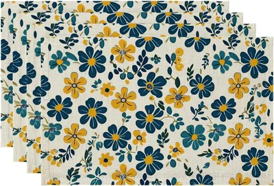 Produktbild von Boho-Tischsets 45x30 cm Leinen Blumen Abwischbar Set 4 Stück
