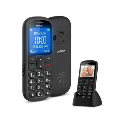 Two black UNIVERSUM mobile phones are displayed against a white background. One phone is upright and the other is in a charging dock.