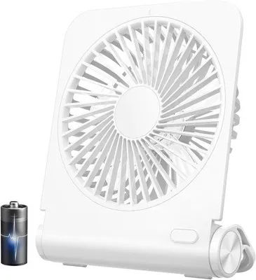 Obrázek produktu pro USB ventilátor s akumulátorem 2000 mAh – 4 rychlosti, 225° – skládací a přenosný – tichý a výkonný proud vzduchu – ideální do kanceláře / na kempování / na cesty – bílý