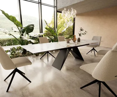 Produktbild von DELIFE Esstisch Edge 200-300x100 Keramik Calacatta Luxe Weiß-Gold-Grau V-Gestell Flachstahl Schwarz ausziehbar