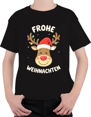 Produktbild von Frohe Weihnachten Rentier Weihnachtsmütze Cartoon Kinder Lustig Uni Kinder T-Shirt, Schwarz, 140