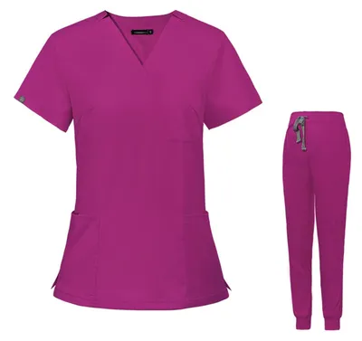 Produktbild von Scrubs – Professionelle V-Ausschnitt-Oberteil – Kurze Ärmel – 3 Taschen – Slim-Fit-Yogahose – Atmungsaktiv – Leichtes, elastisches Material – Medizinische Kleidung