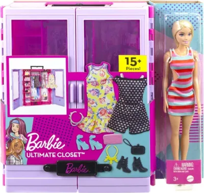 Product packaging for a Barbie Ultimate Closet playset, showing the closet, a Barbie doll, and various accessories and clothing items.