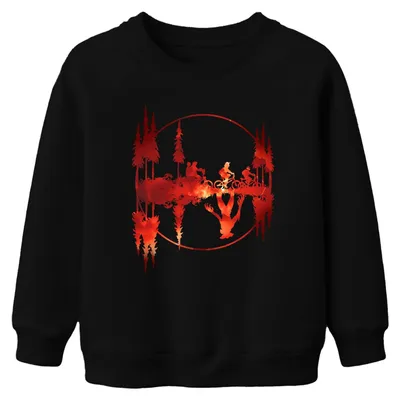 Produktbild von Mountainbike Wald Feuer Spiegelung Stranger Kinder Sweatshirt Pullover, Schwarz, 152
