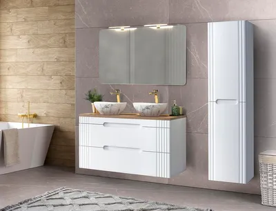Image de Ensemble De Salle De Bain Blanc 120 Cm Avec Deux Lavabos Et Une Armoire Haute