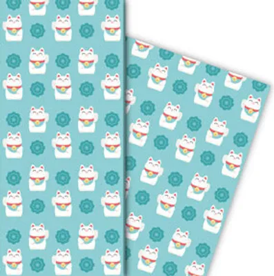 Produktbild von Glücks Geschenkpapier mit Winke Katze in hellblau - G6437, 32 x 48cm