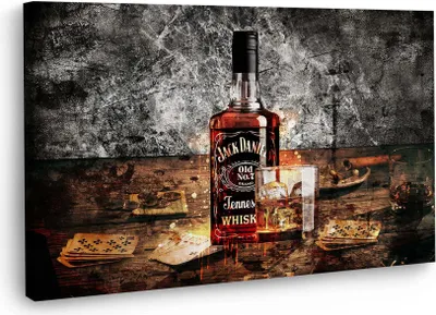 Produktbild von Whiskey Flasche und Glas Wandbild Leinwandbild Jack Kunstdruck XL Wanddeko: 90x60x4cm