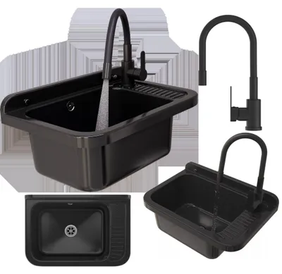 Produktbild von Granitan | Wirtschaftsspüle - POLO - mit schwarzer Armatur - mit Siphon - Schwarz - 50.8 x 33.8 cm - für Waschküche und Garage