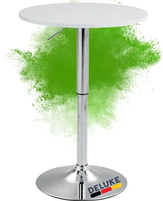 Produktbild von DELUKE® 2in1 Stehtisch Höhenverstellbar Ø 60cm CHERI - 106cm Hoch, Metall Gestell | Bistrotisch Gastro Bartisch Rund Wetterfest Outdoor Indoor Camping Bistrotisch Balkonmöbel, Weiß-Silber