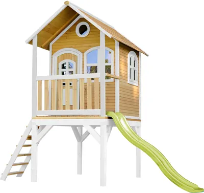 Produktbild von AXI Spielhaus Laura mit hellgrüner Rutsche | Stelzenhaus in Braun & Weiß aus  Holz für Kinder | Spielturm mit Wellenrutsche für den Garten