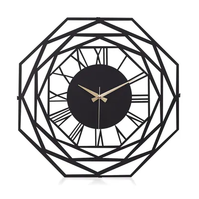 A black geometric wall clock with Roman numerals.