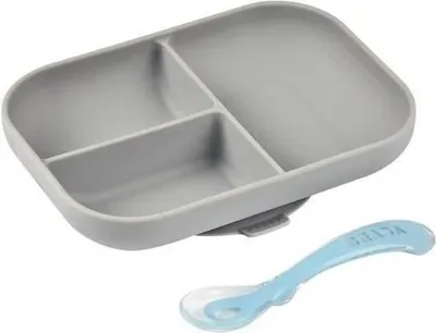 Produktbild von Beaba Geteilter Silikonteller + Loeffel 2. Altersstufe - grau; 913508