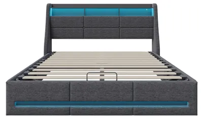 Immagine prodotto di Letto imbottito 140x200 cm - Letto matrimoniale - Stazione di ricarica USB - Illuminazione LED - Letto con contenitore - Tessuto vellutato - Grigio