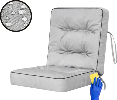 A gray cushion for a swing or bench, with a close-up inset showing water droplets on fabric, and a hand in a blue glove cleaning a corner with a yellow sponge.
