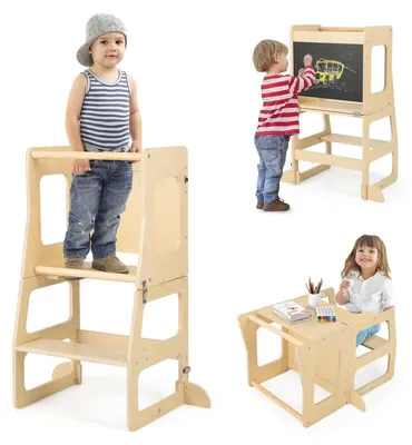 Produktbild von COSTWAY 3 in 1 Lernturm Kinder, klappbarer Tritthocker & Tafel & Kindertisch-Set