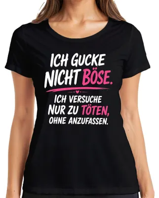 Productafbeelding van "Ik ben niet boos, ik probeer je niet te doden," sarcastische opmerking, dames T-shirt, zwart, maat M