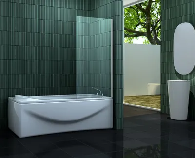 A modern bathroom with a bathtub, a glass shower screen, and a sink.