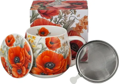 Image de Duo | Tasse en porcelaine avec passoire - 430 ml - Motif coquelicot - Set cadeau élégant pour les amateurs de thé