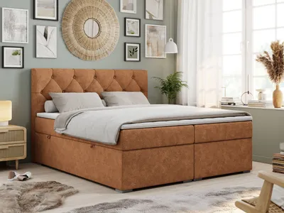 Produktbild von Boxspringbett 160x200 mit Bettkasten, Boxspringbett 160x200 mit Matratze, Doppelbett mit Matratze und Topper - Polsterbett mit Kopfteil - Stauraumbett - ALDA - 160x200 - Orange - Struktur - H3