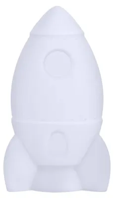 A white rocket-shaped object, likely a speaker, is shown against a white background.