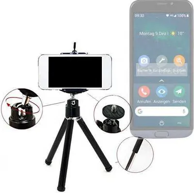 Produktbild von K-S-Trade Smartphone Stativ Dreibein kompatibel mit Doro 8050  Tripod aus Aluminium Klemmstativ Stativ Adapter für Mobiltelefone schwarz 1x