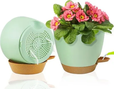Productafbeelding van Famanu plastic bloempot met automatische watergift en onderzetter - set van 2, groen