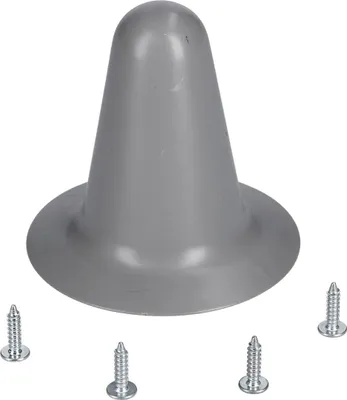 A gray plastic cone-shaped object with a flared base, accompanied by three screws, isolated on a white background.