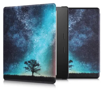 Produktbild von kwmobile Schutzhülle für Amazon Kindle Oasis 10. Generation Hülle - eReader Flip Case mit Auto Sleep Funktion - Galaxie Baum Wiese mit Blau Grau