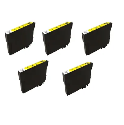 Five black ink cartridges with yellow labels are arranged in two rows on a white background.