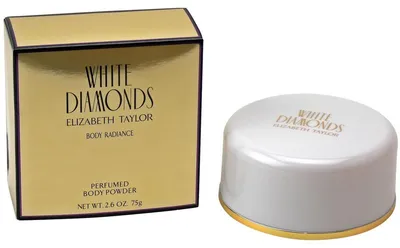 Elizabeth Taylor White Diamonds Body Powder in eleganter weiß-goldener Dose mit passender goldener Verpackung, 75 g.
