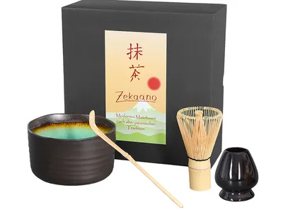 Produktbild von tea & home e.U. Matcha Set, anthrazit/türkis, 500ml, Ø 12cm, 7,6 cm hoch, 4-teilig, aus Keramik & Bambus, mit Besen, Löffel & Halter, Craquelé-Muster, Starterset in Geschenkbox inkl. Schnellanleitung.