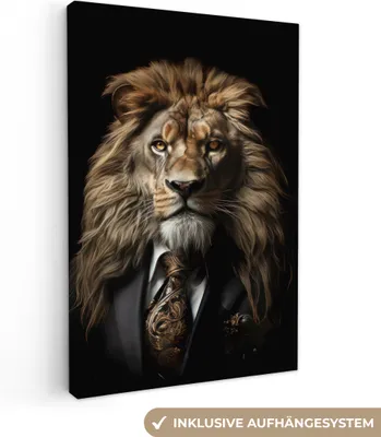 Zdjęcie produktu dla MuchoWow® - Obraz na płótnie - Lew - Portret - Czarny - Zwierzę, obraz na ścianę, dekoracja ścienna, obrazy do salonu, 20x30cm