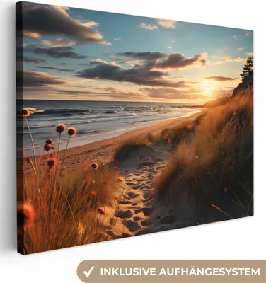 Produktbild von MuchoWow® - Leinwandbilder - Strand - Sonnenuntergang - Dünen - Meer - Sand, Wandbild, Wanddeko Bilder Wohnzimmer, 80x60 cm