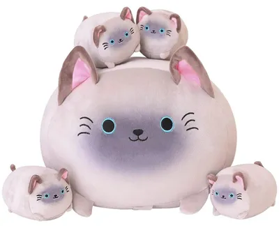 Image de Peluche de chat siamois, maman avec 4 chatons, coussin doux, cadeau pour enfants