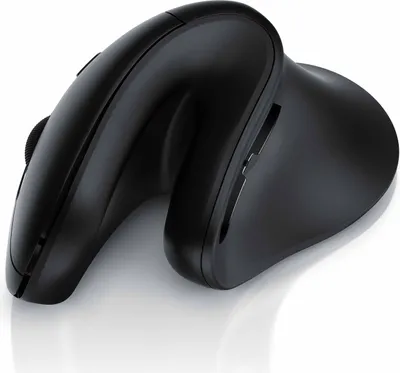 A black ergonomic mouse is shown on a white reflective surface.