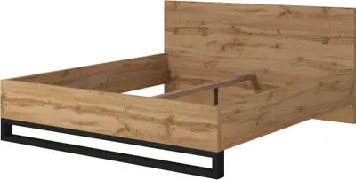A bed frame with a wooden headboard and frame, supported by black metal legs.