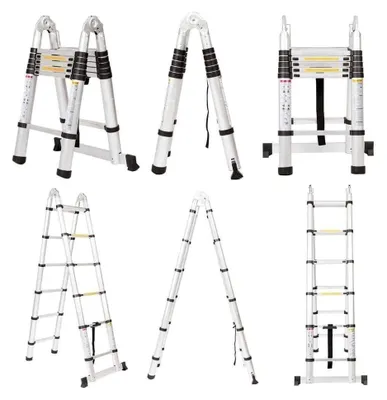 Produktbild von Aluminium-Teleskop-Klappleiter A-Rahmen 3,8 m / 1,9 m + 1,9 m 12-stufig versenkbare, ausziehbare Mehrzweckleiter mit einer Tragfähigkeit von 150 kg