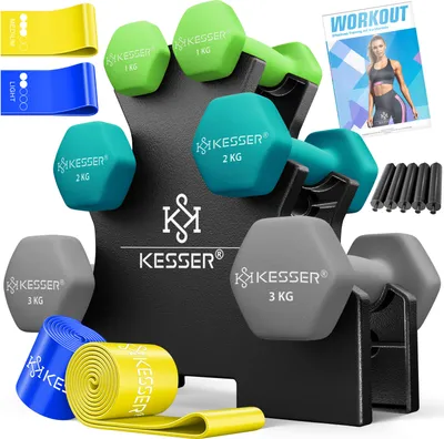 Immagine prodotto di Manubri KESSER® 3 coppie (2x 1,2,3kg) = totale 12kg | Set di manubri con supporto | Manubri fitness | Set di manubri con libretto di esercizi, 2x bande fitness Verde
