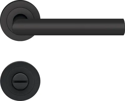 A black door handle and a black door lock are shown against a white background.