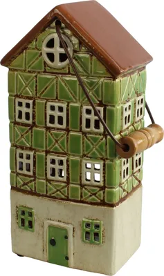 Produktbild von Windlicht Haus aus Keramik grün 26 cm hoch mit Henkel Lichterhaus Laterne Deko