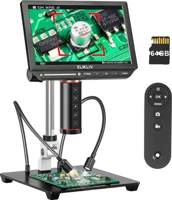 A digital microscope with a screen, a circuit board, a remote control, and a memory card.