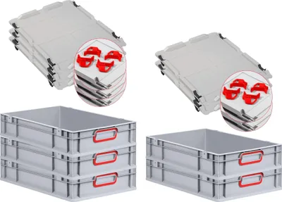 Produktbild von SparSet 5x Eurobox NextGen Color mit Auflagedeckel und Schiebeschnappverschlüsse | HxBxT 12x40x60cm | 23 Liter | Grau | Griffe rot geschlossen | Glatter Boden | Eurobehälter, Transportbox, Transportbehälter, Stapelbehälter