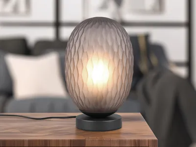 Produktbild von Kleine Retro LED Tischlampe dimmbar mit Rauchglas Lampenschirm oval, Höhe 28cm