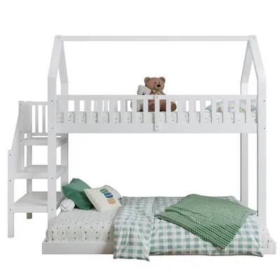 Produktbild von Etagenbett, Hausbett mit Treppe, Kinderbett mit Fallschutz und Gitter, Rahmen aus Kiefer, weiß (90x200&140*190cm)
