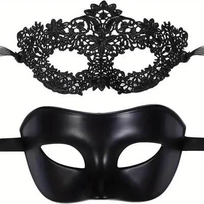 Produktbild von Venezianische Masken Set 2-teilig Schwarz Spitze Paar Karneval Halloween Kostüm Accessoire - Ausführung: 2er Set (Dame + Herr)