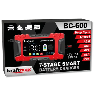 Produktbild von Kraftmax BC-600 KFZ Autobatterie Ladegerät 12V/24V 10A Smart LCD, vollautomatisch, für AGM, Gel, Nass, Blei-Säure und LiFePO4 Batterien und Akkus