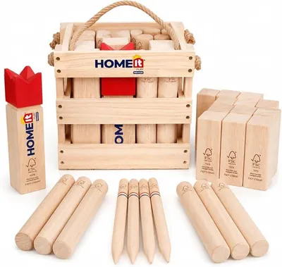 Imagen del producto de Juego de  de madera para exteriores | Set de Kubb vikingo fabricado con caucho de que incluye una pieza del rey, 10 Kubbs, 6 palos para lanzar y pinchos de señalización | Resistente bolsa de transporte para juegos de jardín y actividades al aire libre