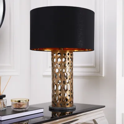 Produktbild von Design Tischlampe LEAF kupfer antik Metall Stoffschirm Marmorfuß handmade