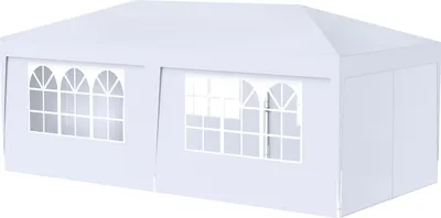 A white pop-up tent with windows.